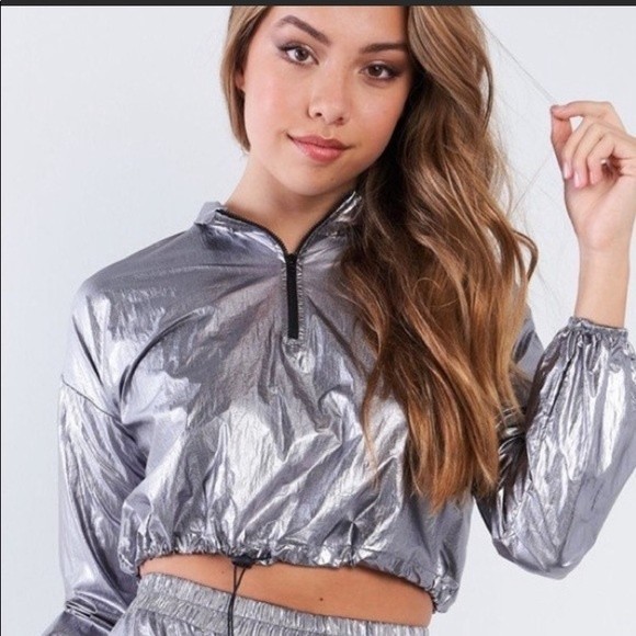 Y2K Blanc Metallic Crop top Shiny 1/4 Zip Long sleeves Drawstring waist Large - Picture 13 of 13
